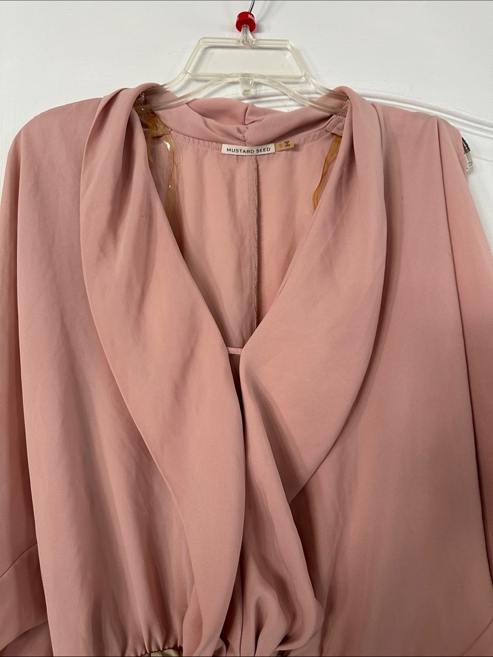 Blush Pink Draped V-Neck Blouse - with slitted sleeves - Picture 3 of 5